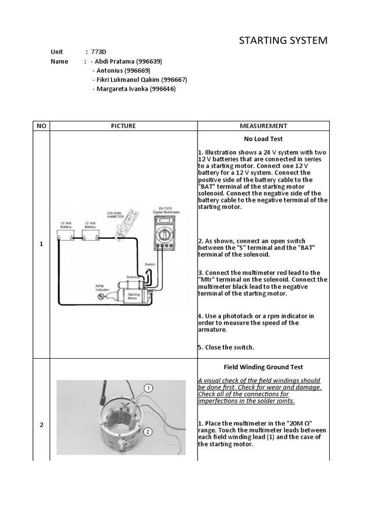Starting System Inspection Form PDF Electric Motor Physical
