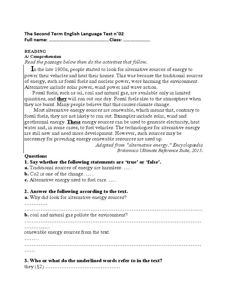Second Term English Language Test 02 | PDF | Sustainable Energy ...