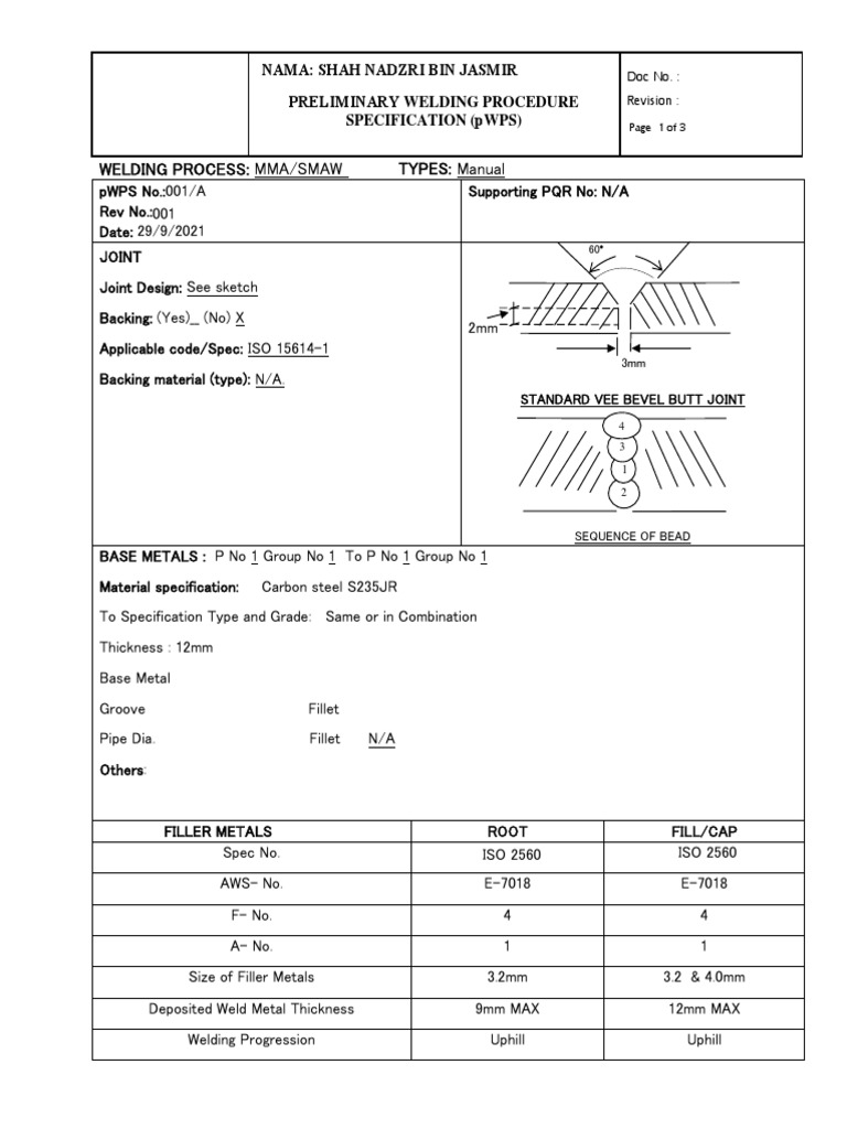 Welding Process Mma/Smaw TYPES Manual Preliminary Welding Procedure