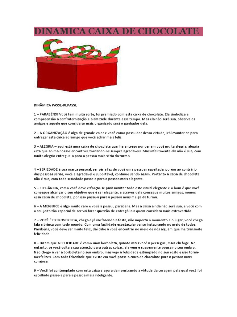 Dinamica Caixa de Chocolate PDF Felicidade Chocolate
