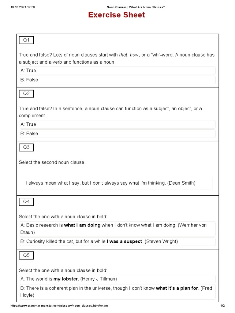 Noun Clauses Quiz PDF