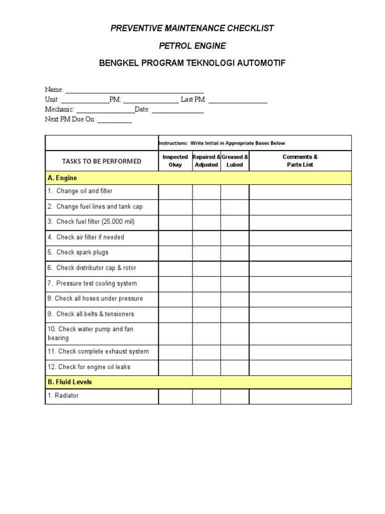 Petrol Engine Maintenance Checklist | PDF | Business | Technology ...