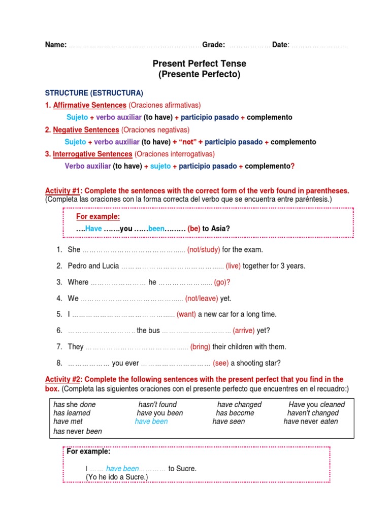 Ejercicios de Presente Perfecto en Inglés | PDF