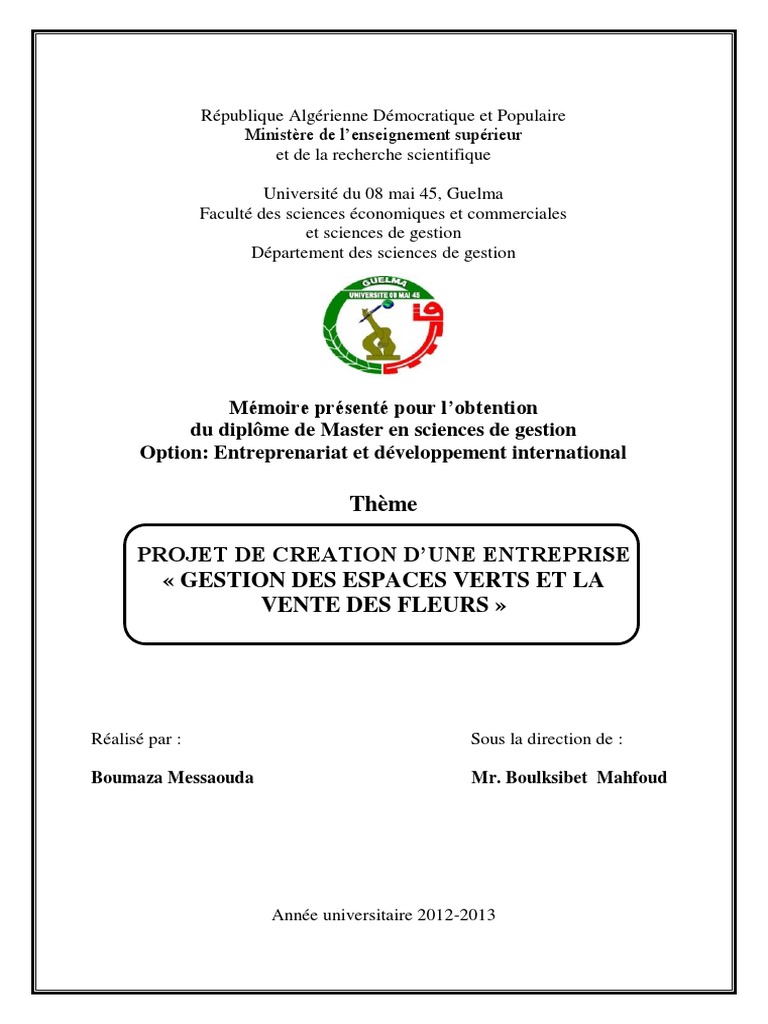 Thème Projet de Creation D'Une Entreprise Gestion Des Espaces Verts Et ...