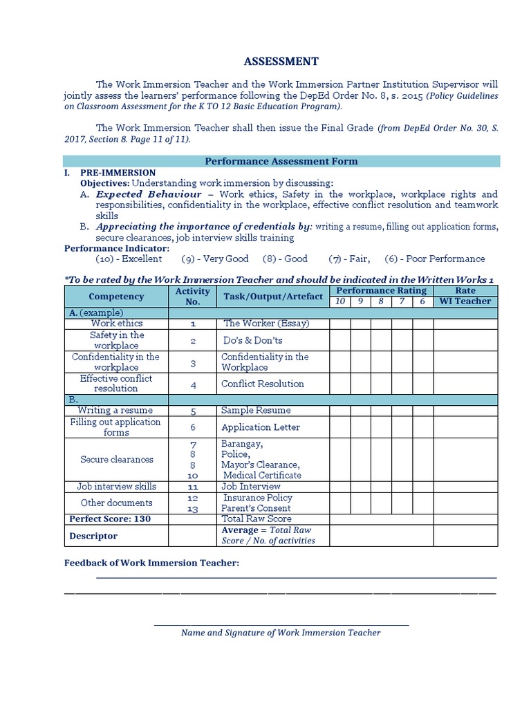 Assessment Work Immersion | PDF | Teachers | Business Process