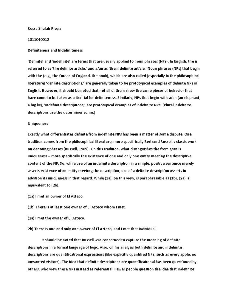 Definiteness and Indefiniteness | PDF | Cognition | Linguistics