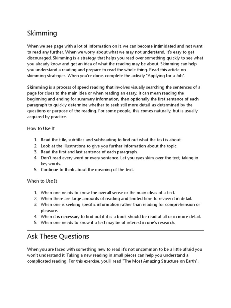 Skimming Skimming Is A Process of Speed Reading That Involves Visually