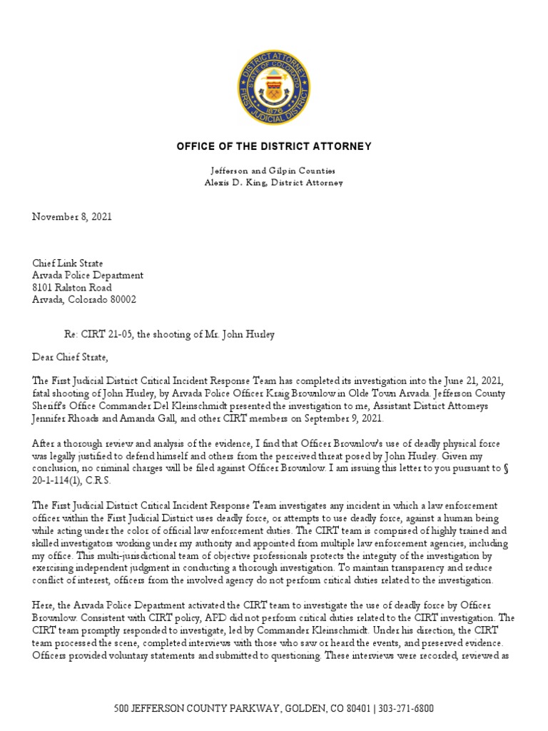 John Hurley Shooting Decision Letter PDF Self Defense Reasonable