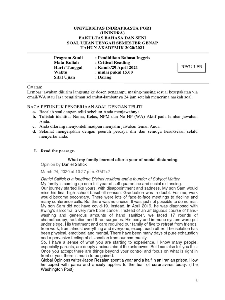 Critical Reading - Reguler 2021 | PDF | Anxiety | Test (Assessment)