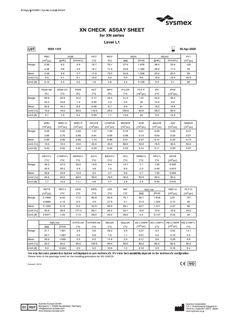 XN Check Assay Sheet: For XN Series Level L1 | PDF