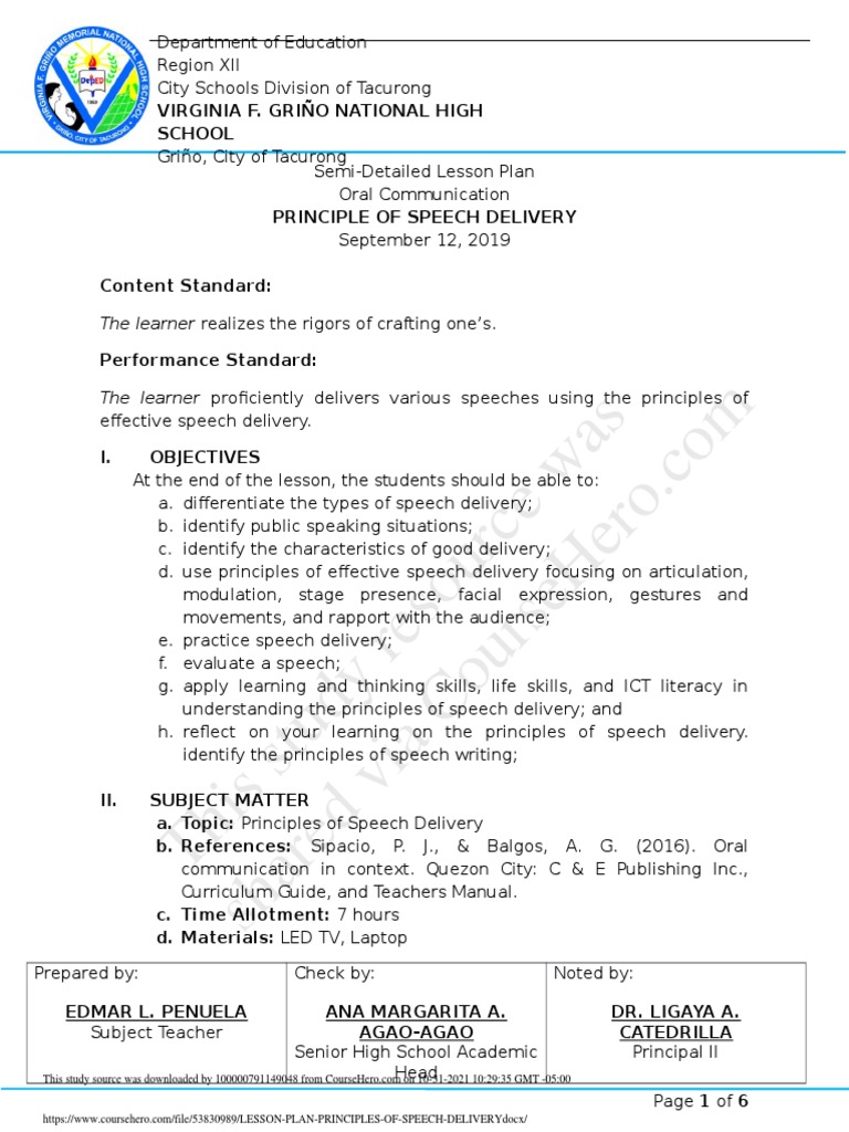Principles of Effective Speech Delivery | PDF | Lesson Plan | Public ...