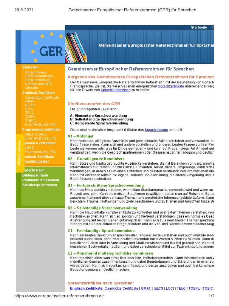 Gemeinsamer Europäischer Referenzrahmen (GER) Für Sprachen | PDF