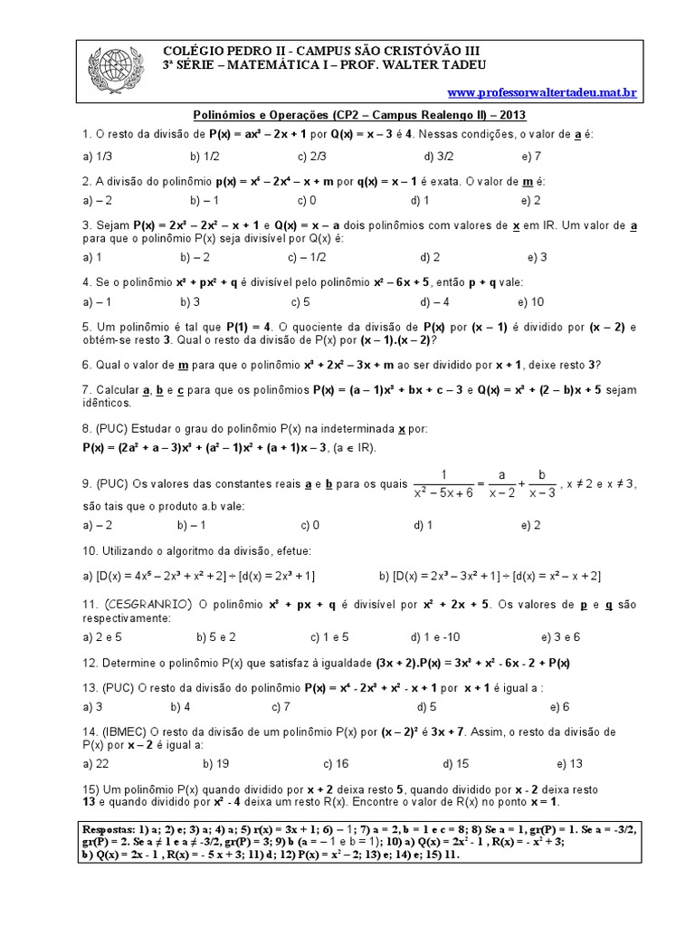 Exercícios de Polinômios e Operações | PDF | Matemática | Matemática ...