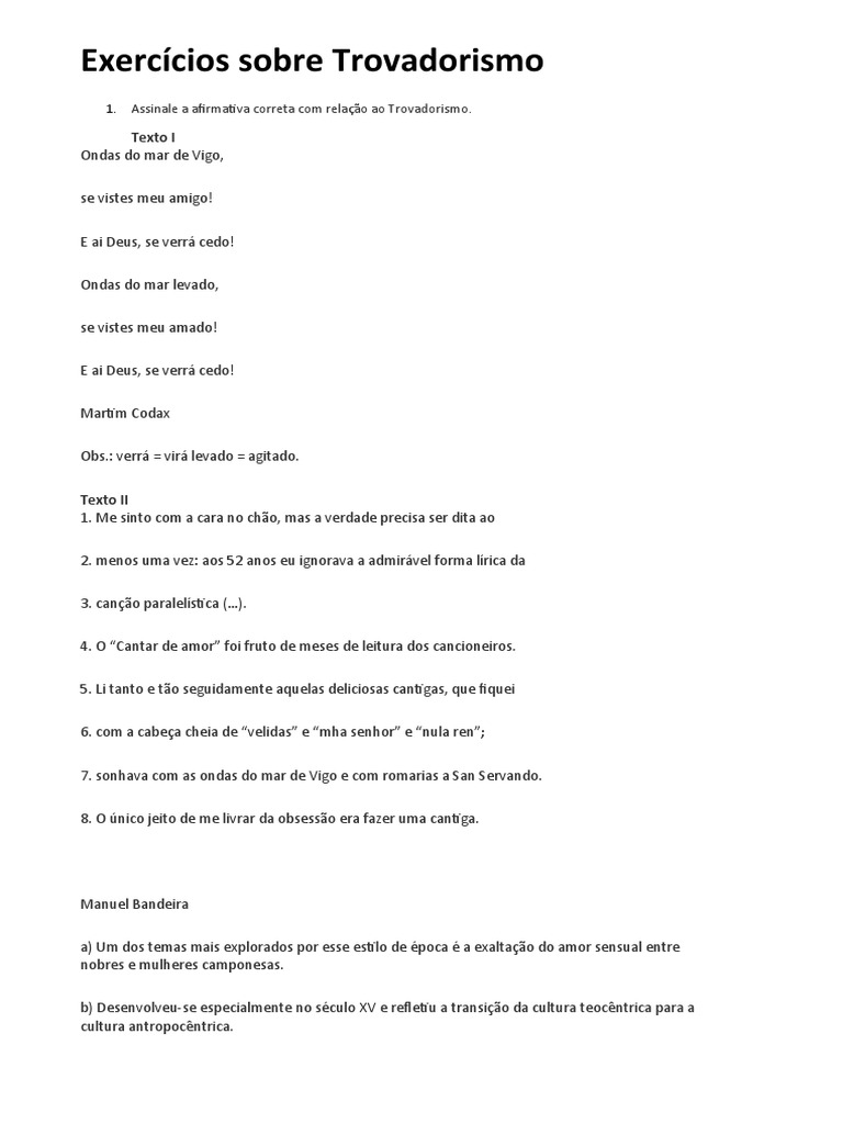 Exercícios Sobre Trovadorismo | PDF