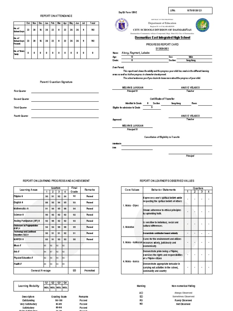 DepEd Report Card Analysis | PDF | Cognition | Human Nature