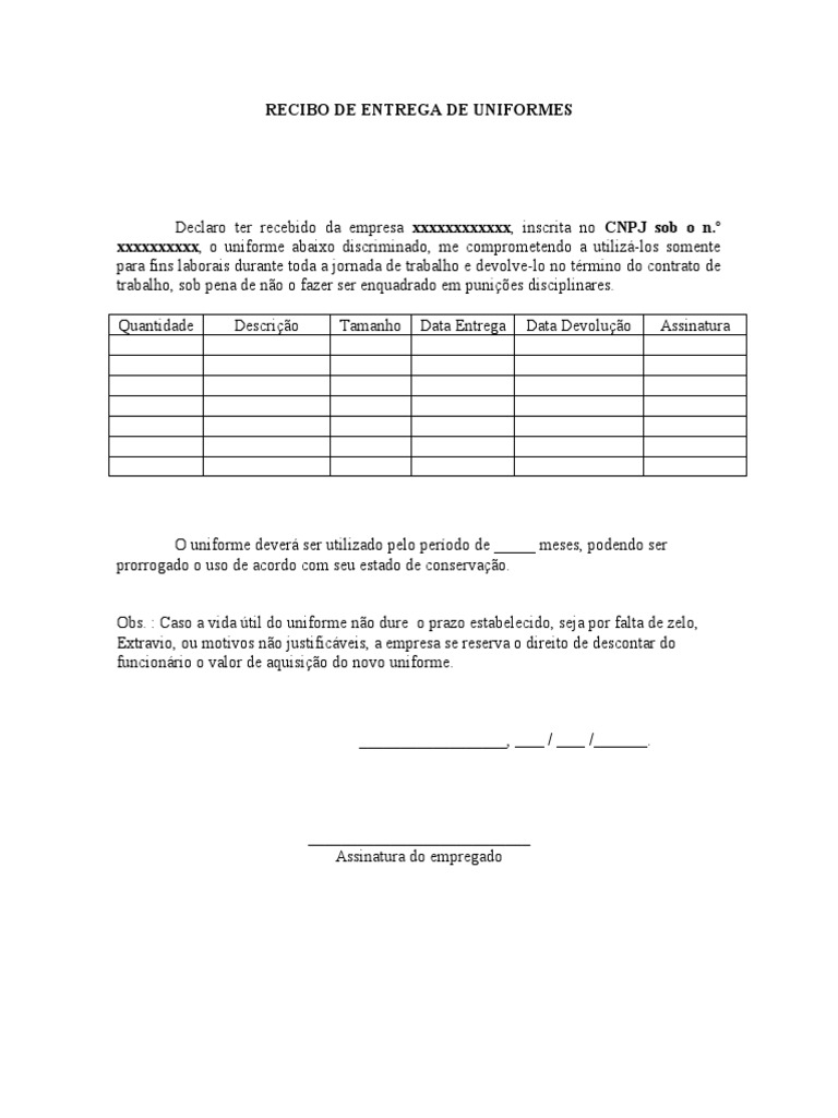 Modelo Recibo Entrega Uniformes | PDF