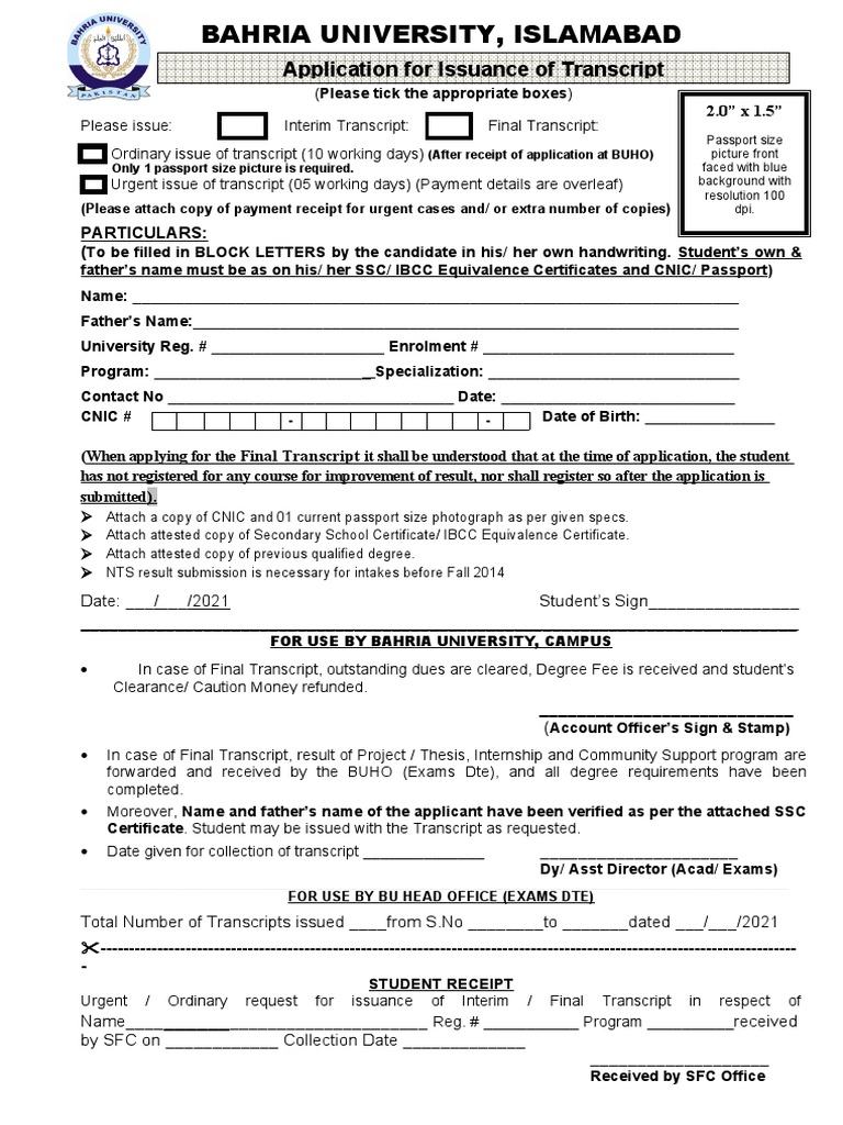 Application For Issuance of Transcript | PDF
