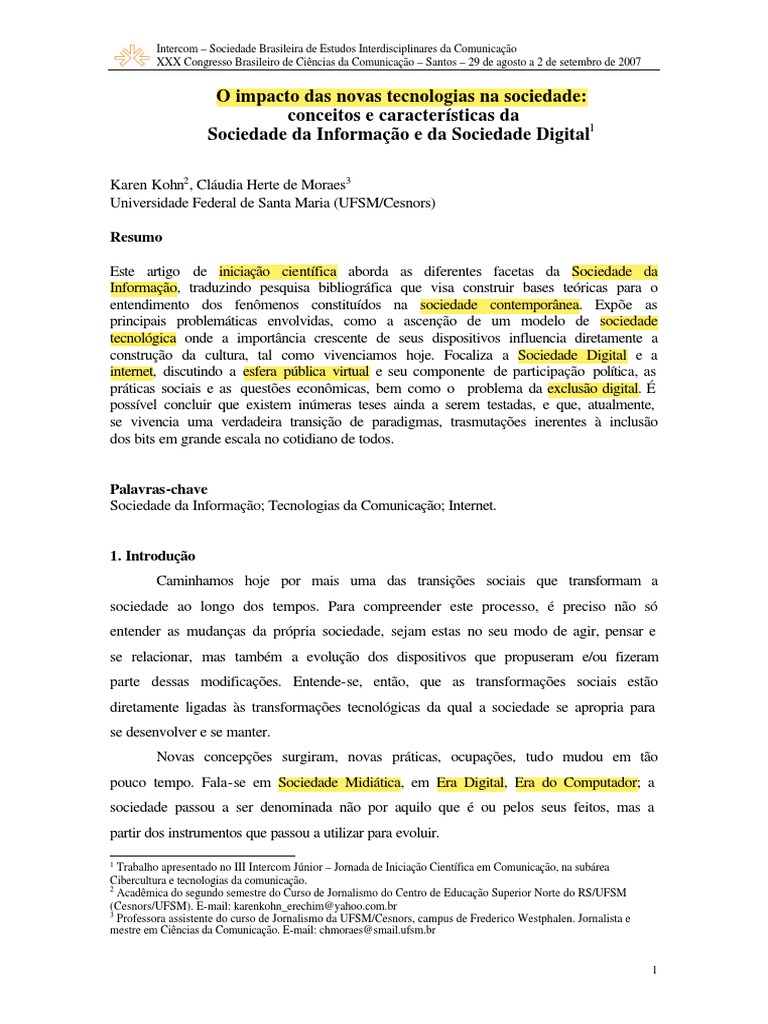 O Impacto Das Novas Tecnologias | PDF | Comunicação | Informação