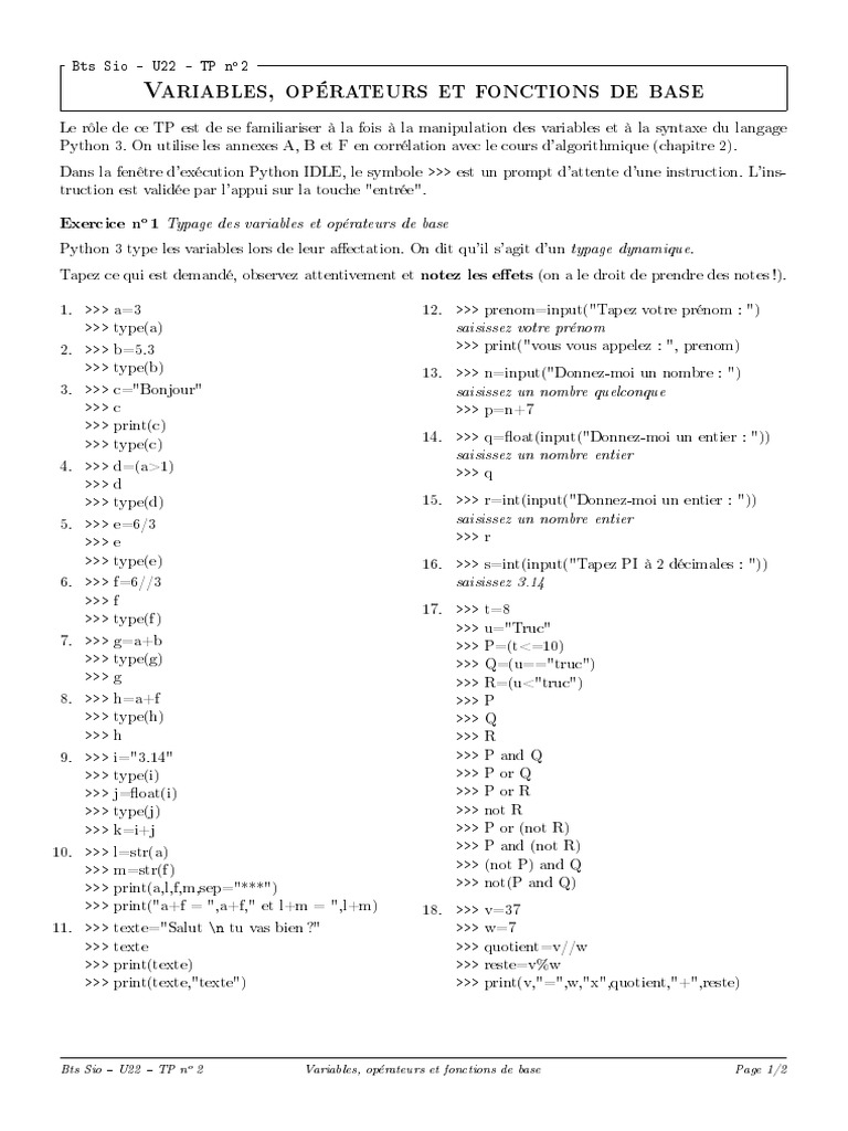 TP Python: Variables et Fonctions de Base | PDF | Python (Langage de ...