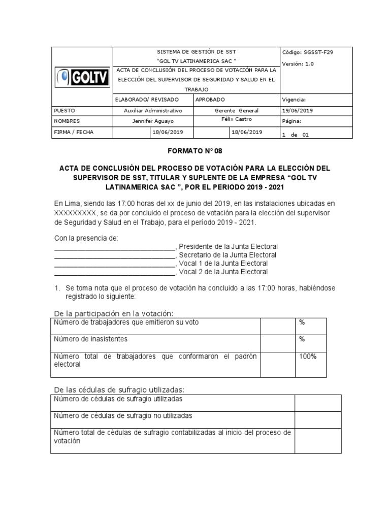 SGSST-F29 Formato Acta Conclusion Proceso | PDF | Votación | Gobierno