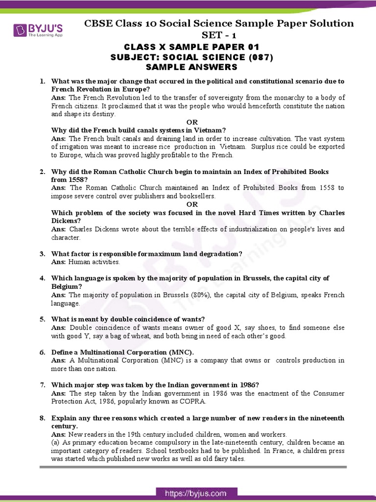 CBSE Class 10 Social Science Sample Paper Solution SET 1 | PDF ...
