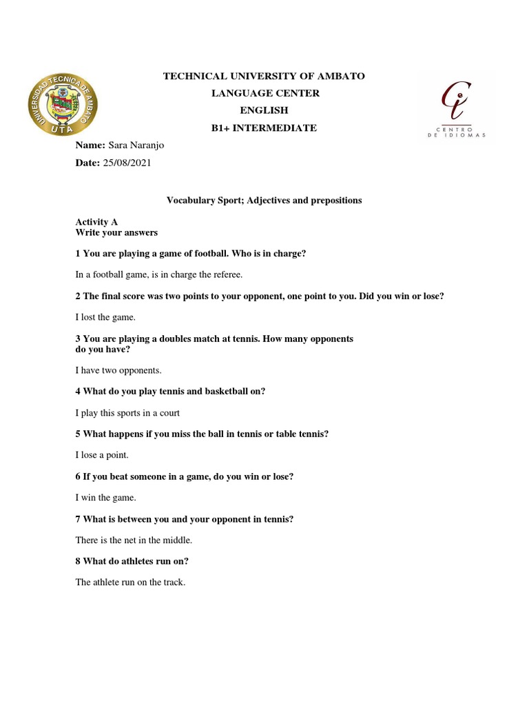 Vocabulary Sport Adjectives and Prepositions PDF