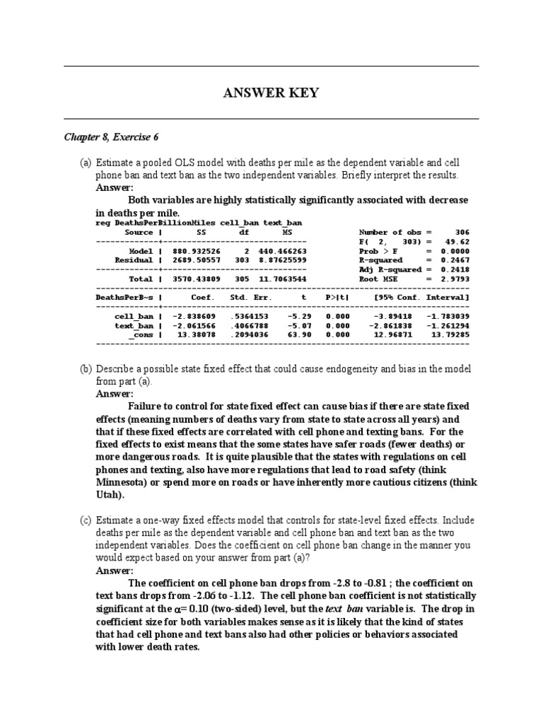 Answer Key: Chapter 8, Exercise 6 | PDF | Fixed Effects Model ...