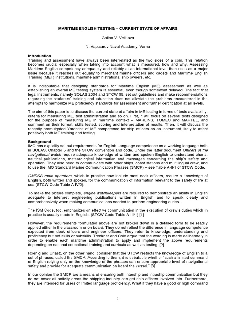 Maritime English Testing Current State of Affairs PDF Reading