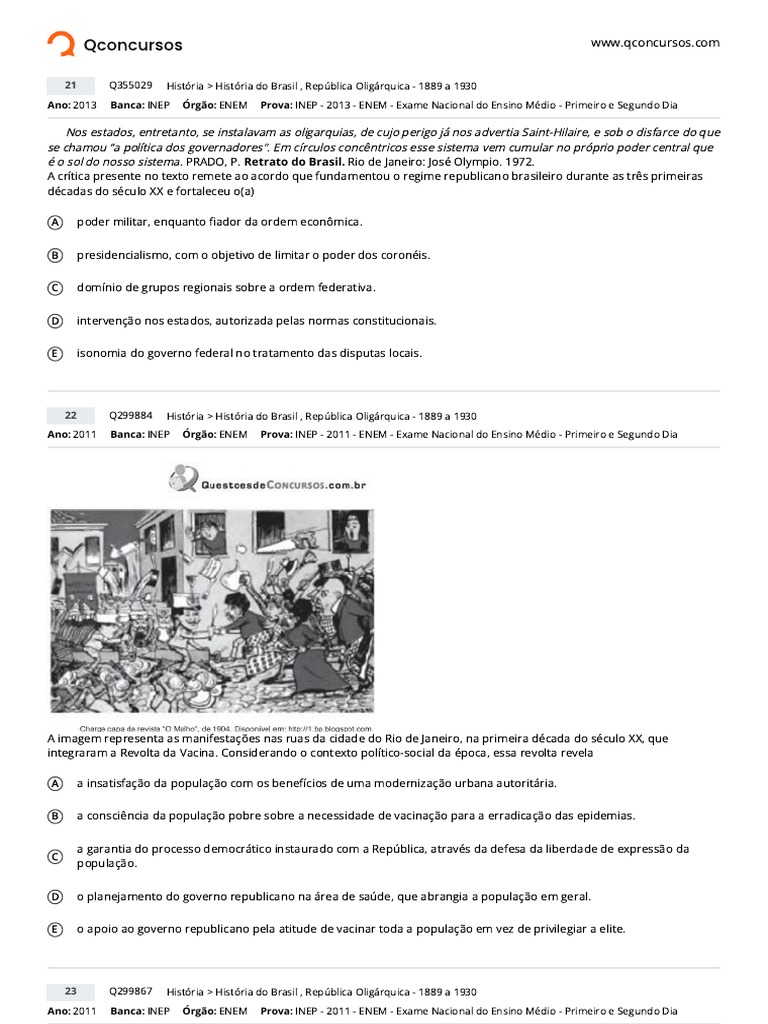 Questões Do Enem - Primeira República - Caderno 2 | PDF | Brasil ...