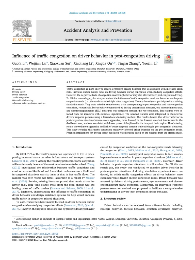 2020 Influence of Traffic Congestion On Driver Behavior in Post ...