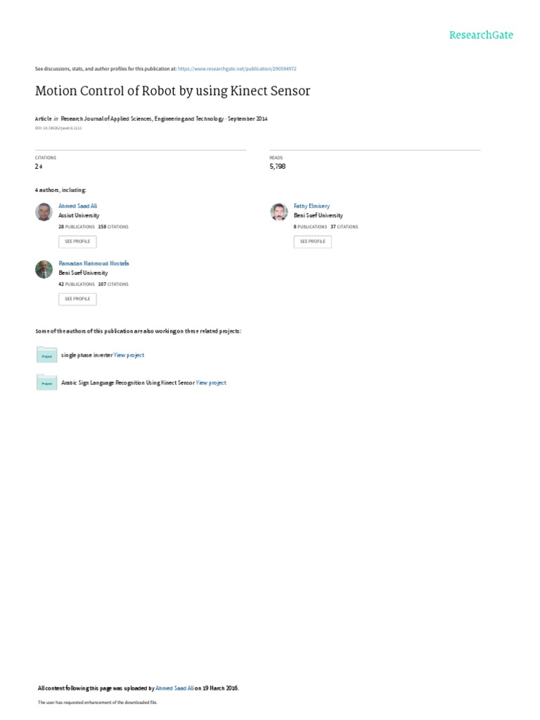 Motion Control of Robot by Using Kinect Sensor | PDF | Arduino | Robotics