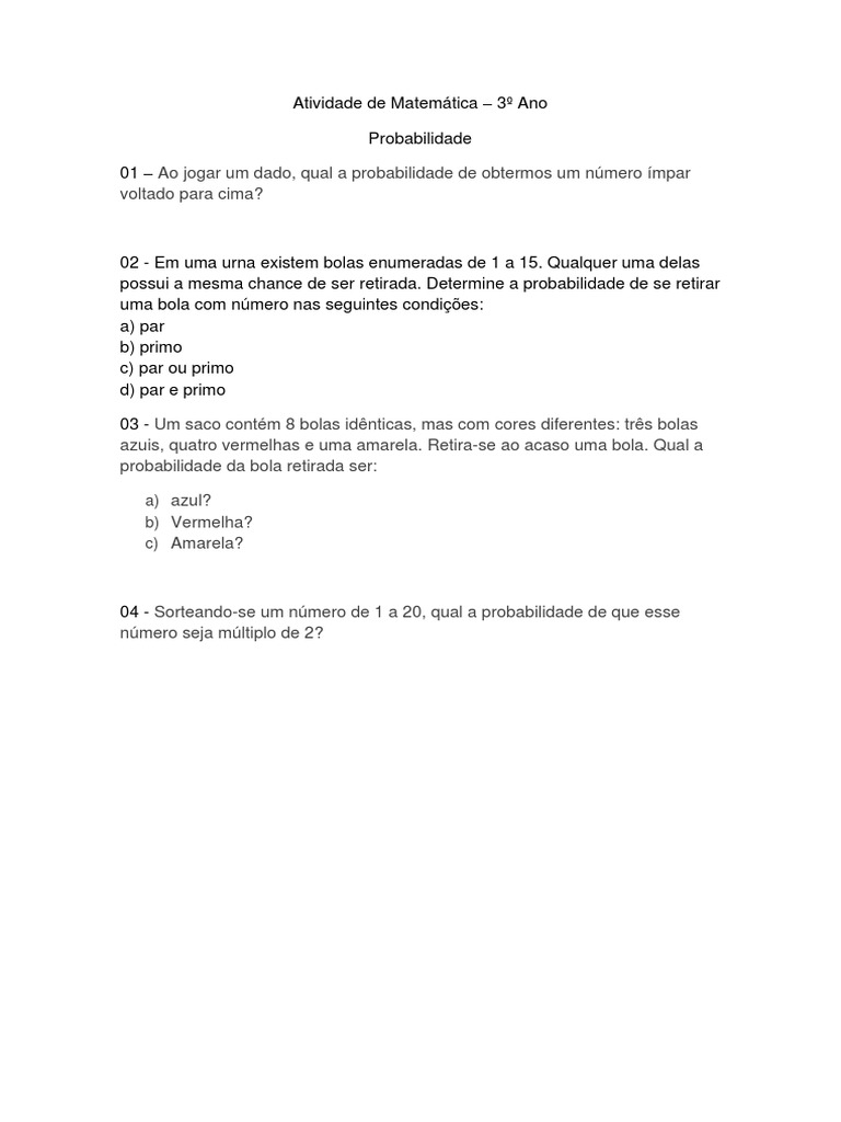 Atividades de Probabilidade - 3º Ano | PDF | Esportes e Recreação