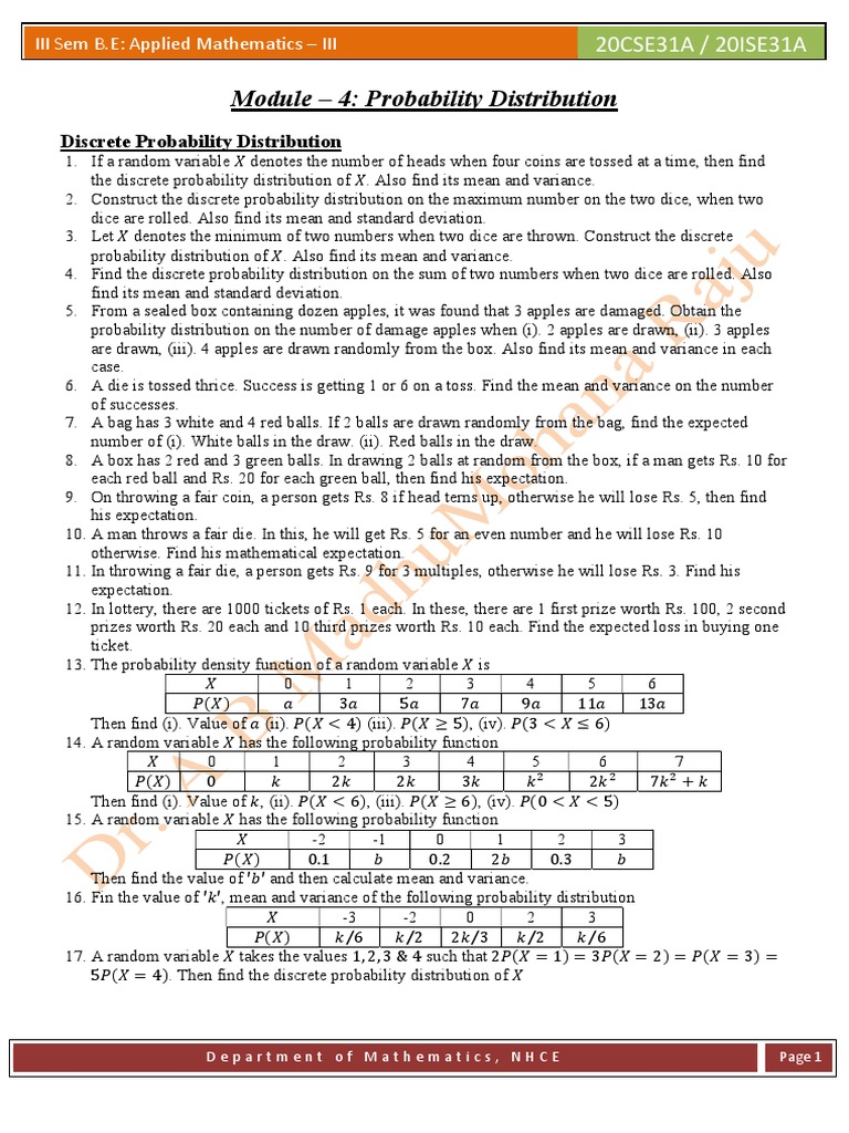 Discrete Probability Distribution Questions PDF Probability Distribution Mean