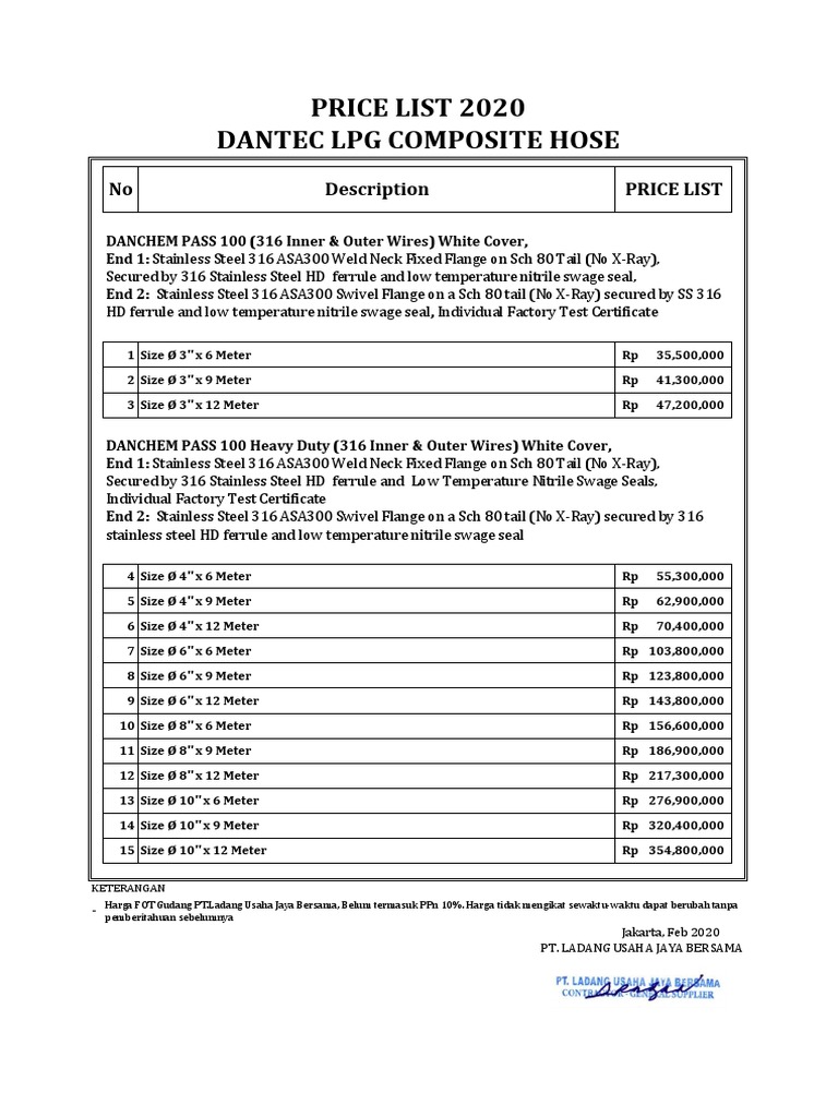 Price List 2020 Dantec LPG Composite Hose PDF Industrial Processes
