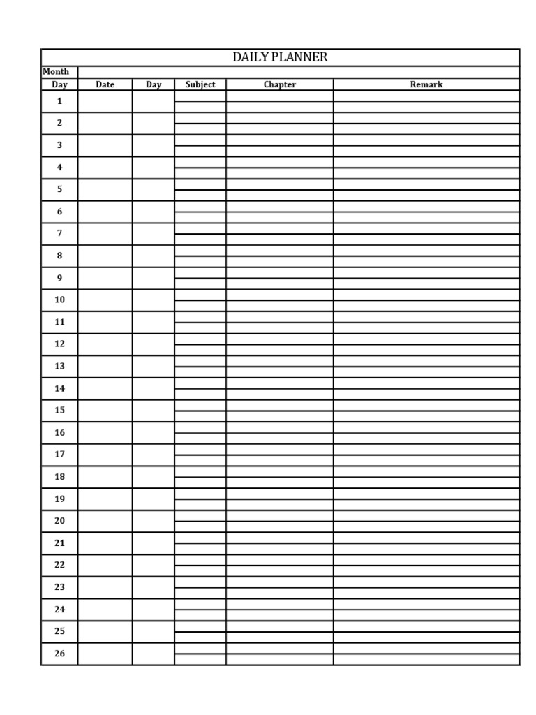 Daily Planner: Month Day Date Day Subject Remark 1 2 3 4 | PDF