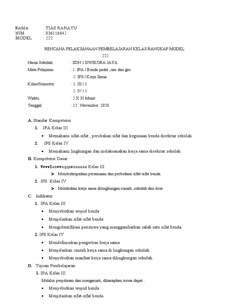 RPP PKR Model 222 Kelas 3 dan 4 | PDF | Karier & Perkembangan ...
