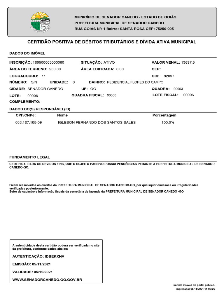 Certidão de Débitos Tributários e Dívida Ativa Municipal | PDF