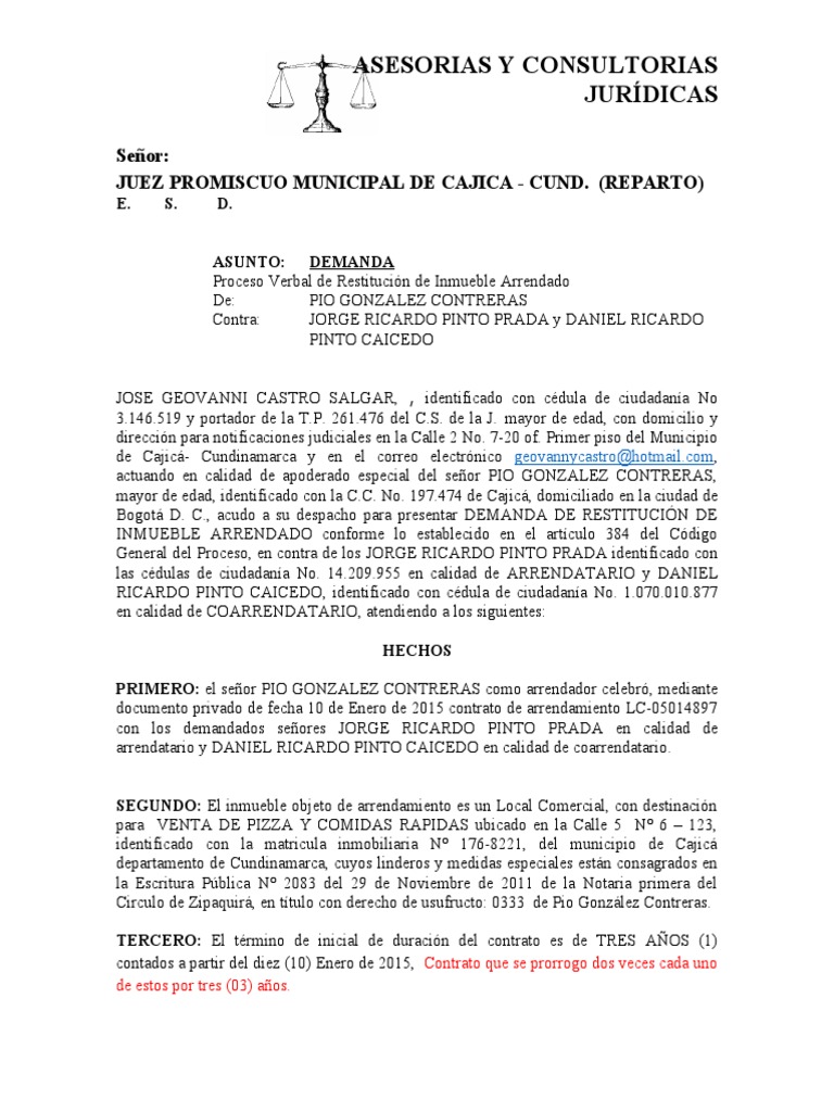 Demanda de Restitución de Inmueble | PDF | Justicia | Ley de obligaciones