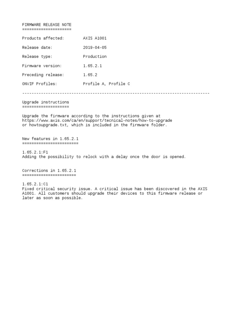 A1001 1 65 2 1 Release Notes | PDF