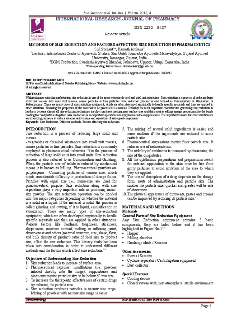 METHODS OF SIZE REDUCTION AND FACTORS AFFECTING SIZE REDUCTION IN