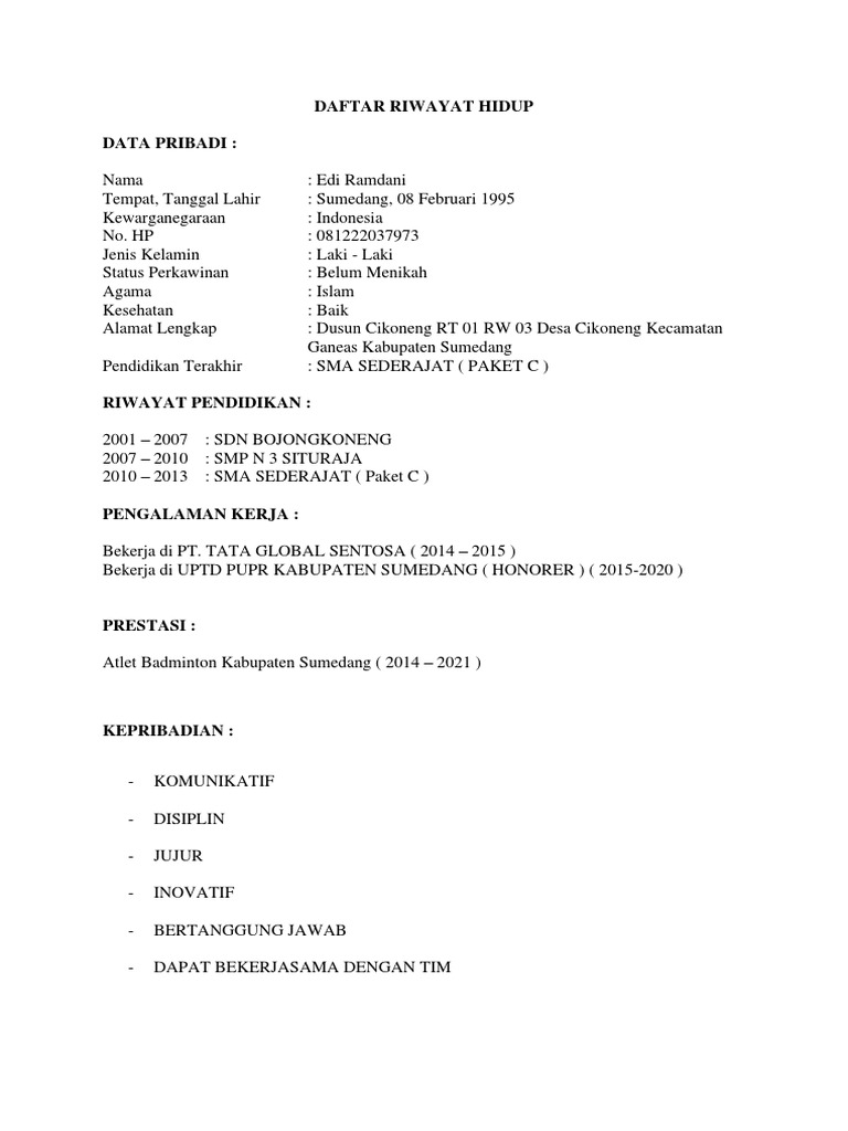CV Edi Ramdani: Atlet dan Profesional | PDF