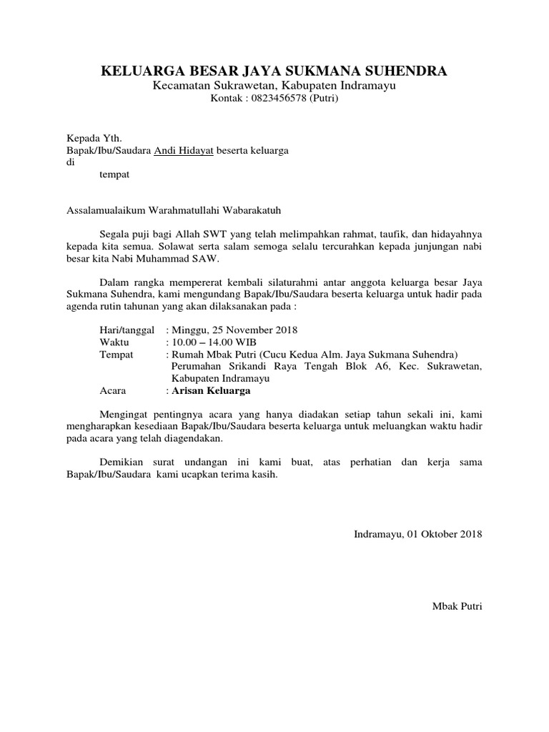 Contoh Surat Undangan Arisan Keluarga 1 | PDF