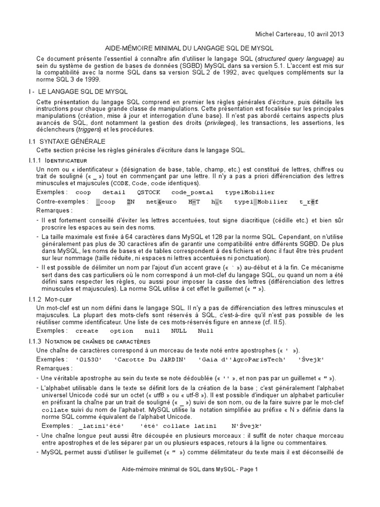 Aide m moire minimal du langage sql de mysql download gr tis pdf