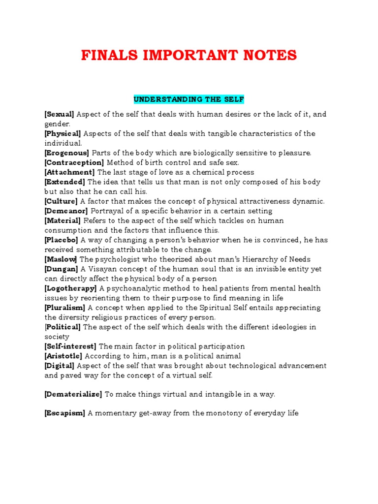 Finals Important Notes PDF Self Psychology