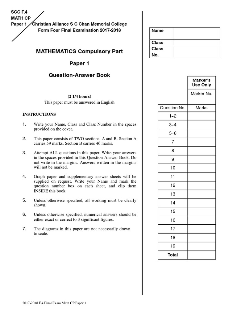 F4 Maths Past Paper 17-18 SCC F4 Math Final | PDF | Cartesian ...