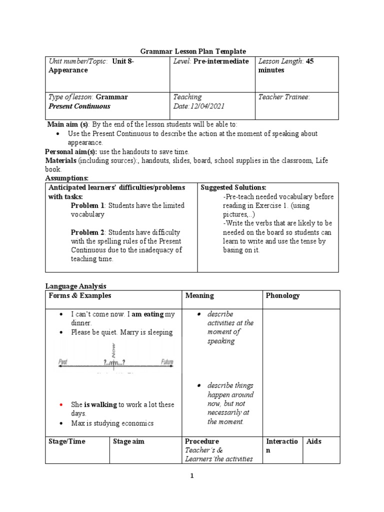 Present Continuous Grammar Lesson Plan | PDF | Lesson Plan | Cognition