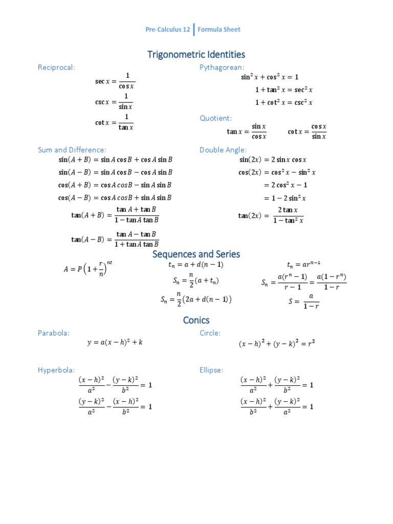 PC 12 Formula Sheet 2017 | PDF