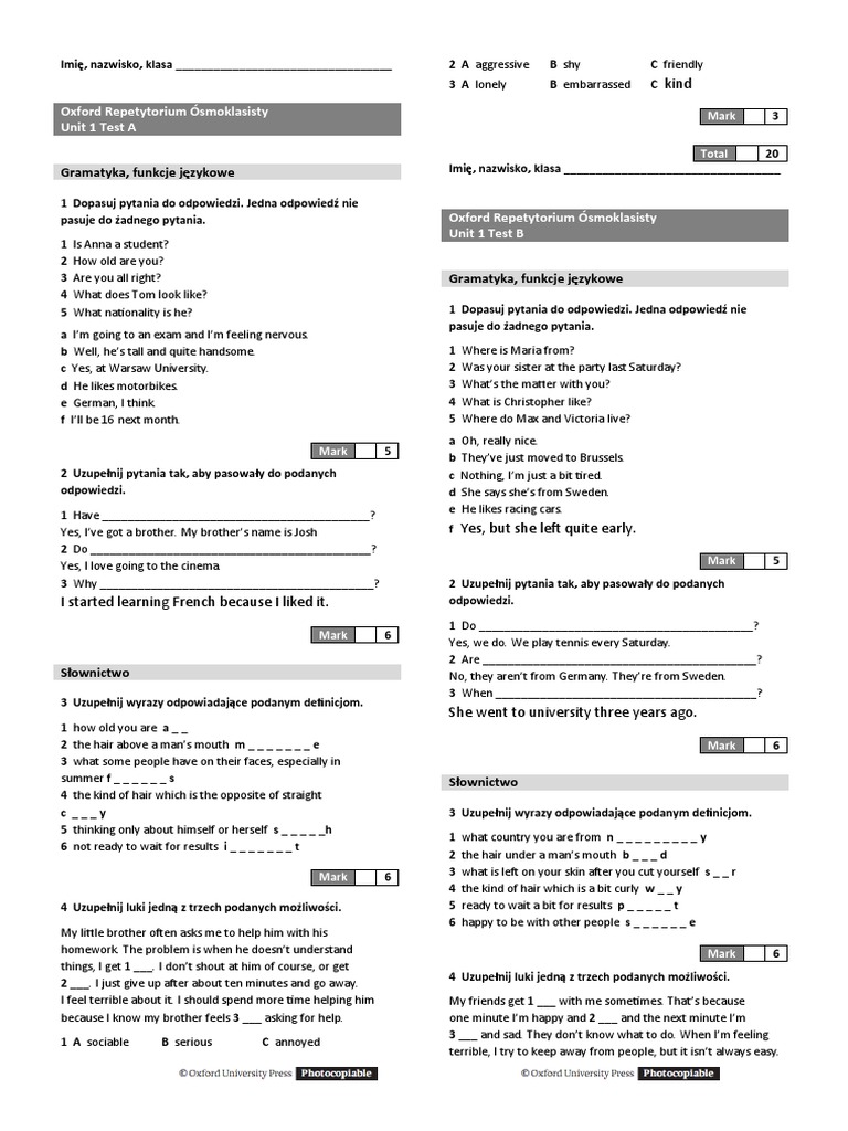 Gramatyka, Funkcje Językowe Oxford Repetytorium Ósmoklasisty Unit 1