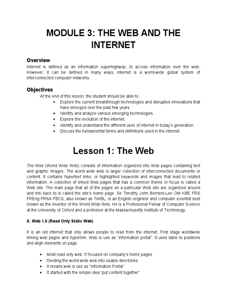 Module 3: The Web and The Internet: A. Web 1.0 (Read Only Static Web ...