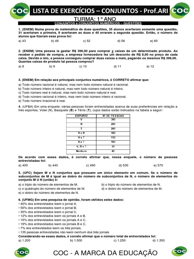 Questões sobre Conjuntos Numéricos ENEM | PDF